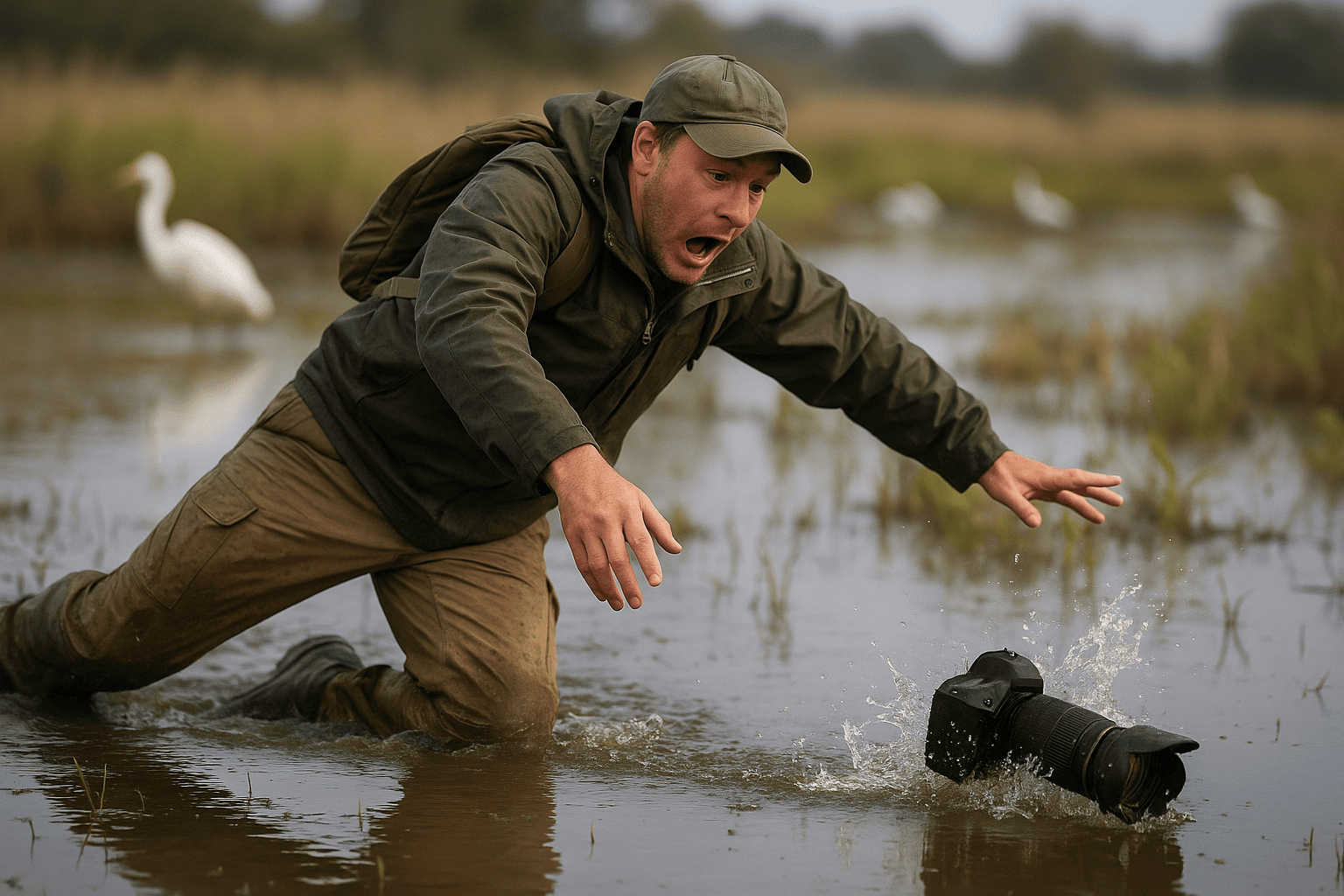 An AI generated image of a person dropping their camera in the water