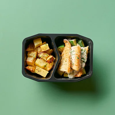 Battered Fish With Creamy Dill, Mustard Sauce, Roasted Potatoes, Zucchini