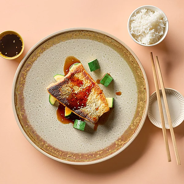 Japanese Sesame Soy-Glazed Salmon With Rice, Zucchini