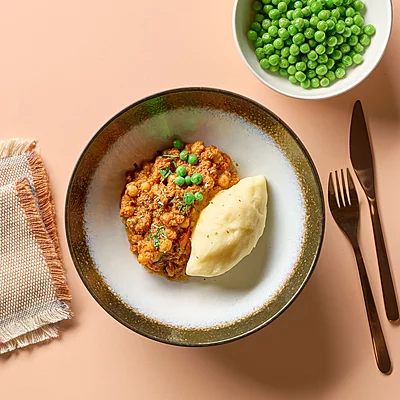 Moroccan Spiced Lamb Stew, Mashed Potato, Peas