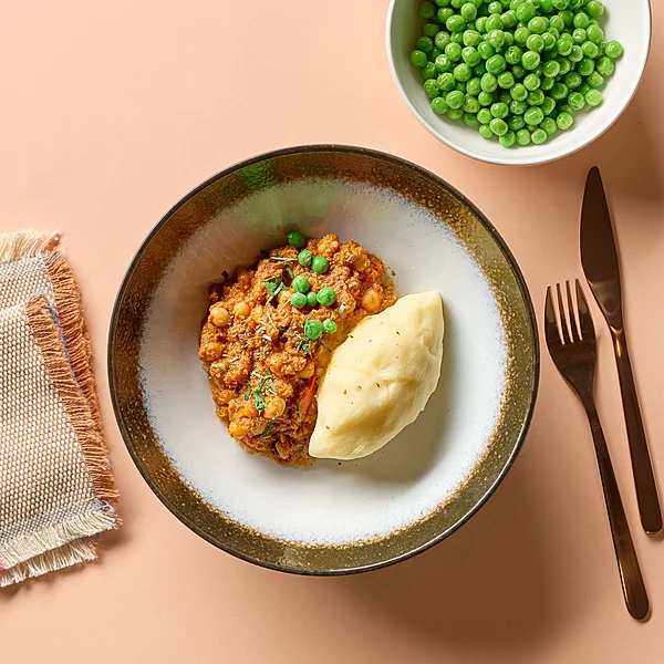 Moroccan Spiced Lamb Stew, Mashed Potato, Peas