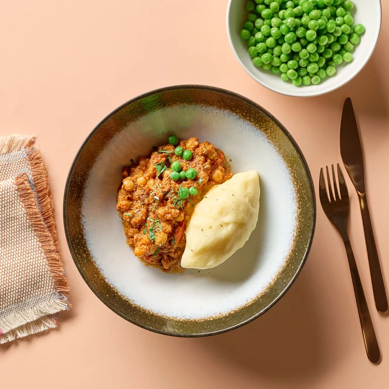 Moroccan Spiced Lamb Stew, Mashed Potato, Peas