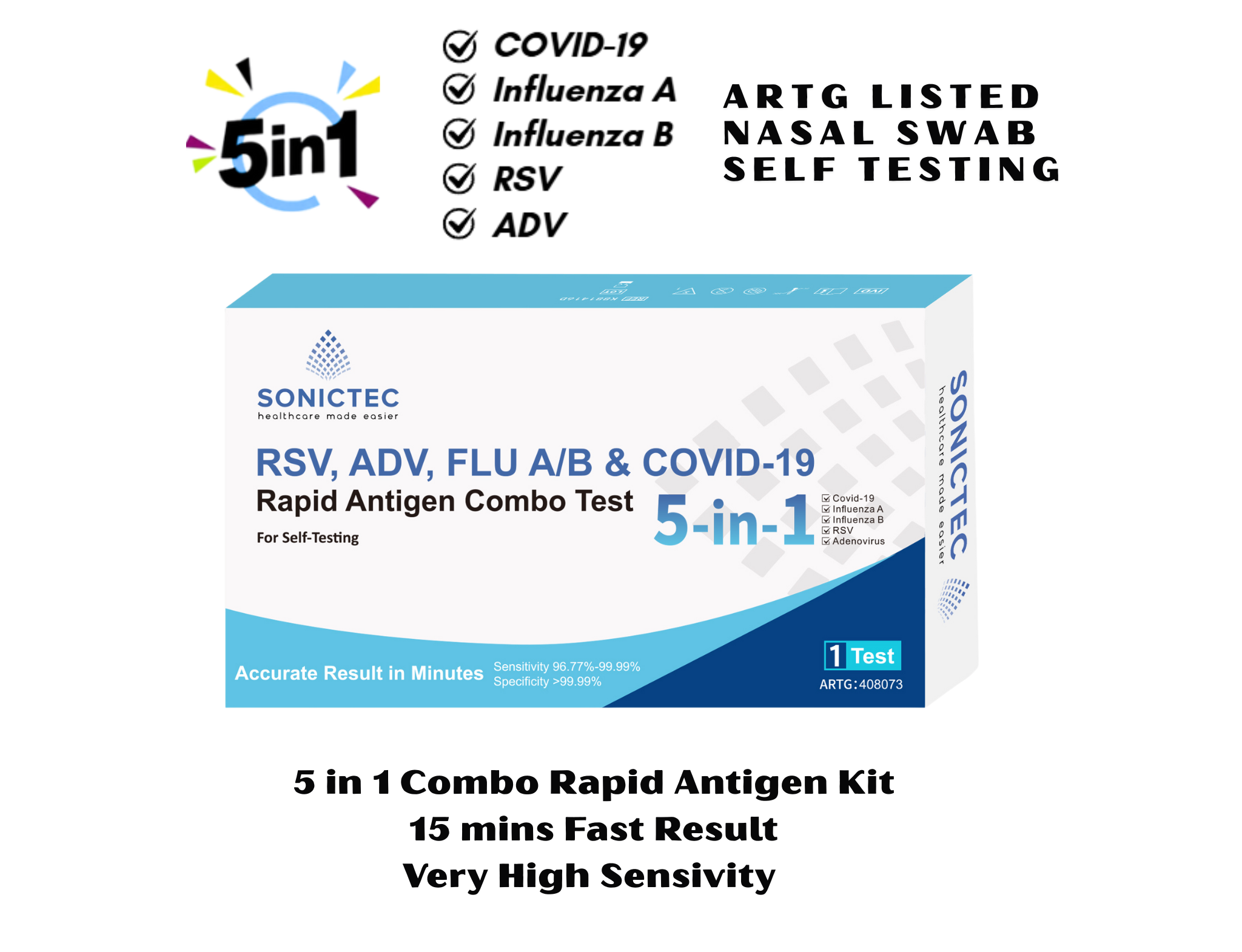 Sonictec 5 in 1 RSV, ADV, FLU A/B & COVID-19 Self Test Kit 1 test