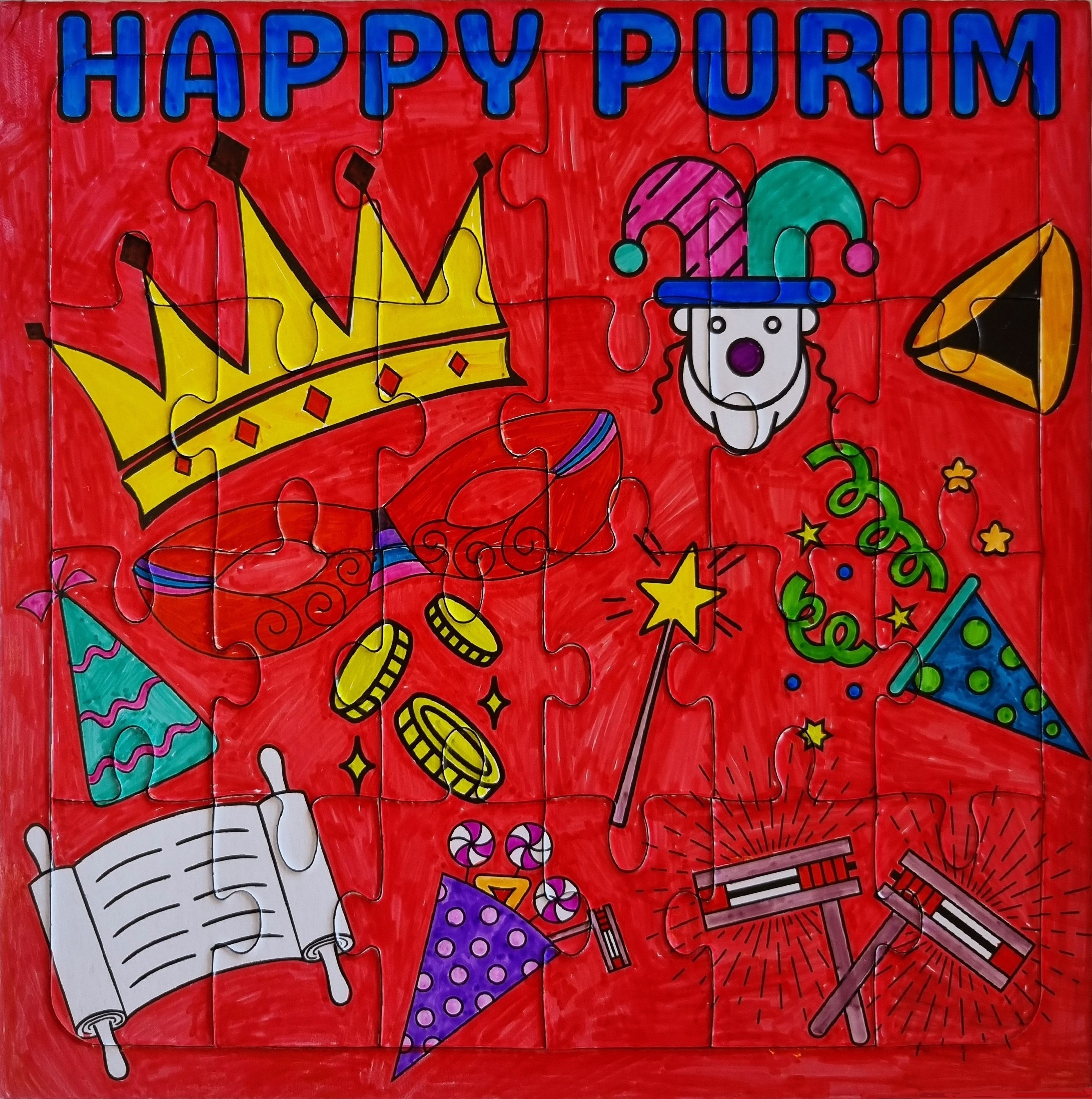 Purim Symbols Colouring-In Puzzle – 24 Pieces Purim Symbols Colouring-In Puzzle – 24 Pieces