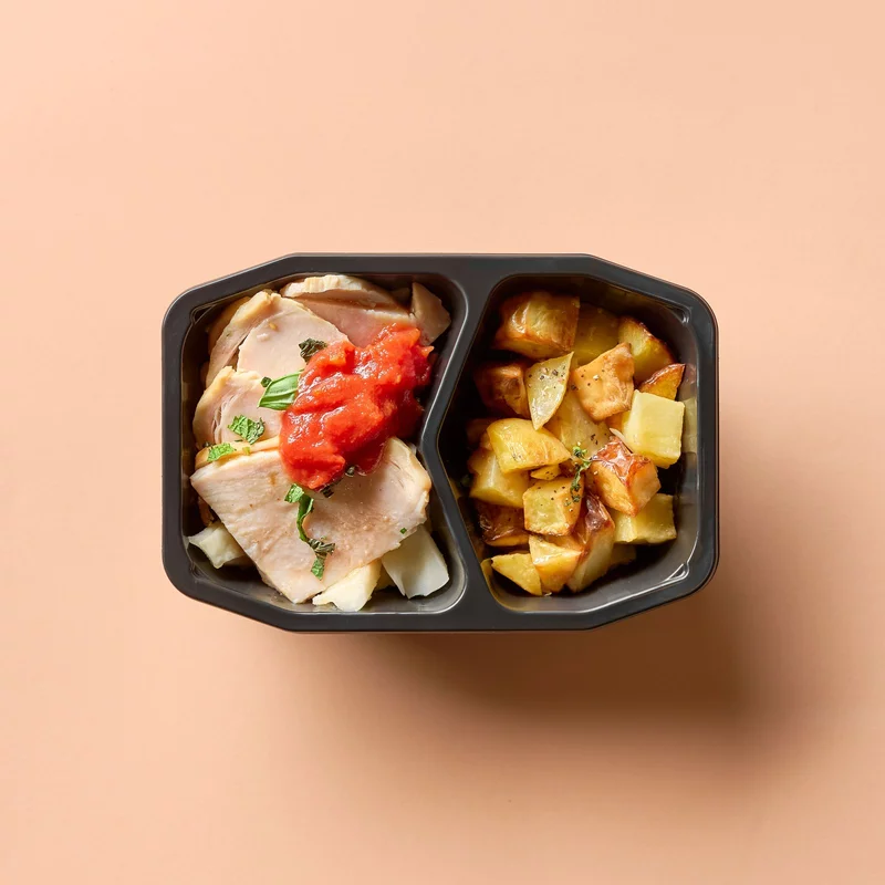 Roasted Turkey With Tomato Sauce, Roasted Potatoes, Cabbage (Blended/Minced)