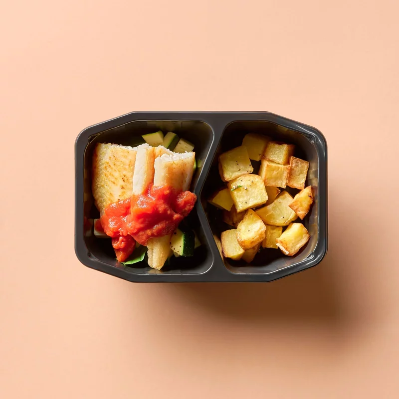 Baked Fish, Tomato Sauce, Roasted Potato, Zucchini (Blended/Minced)