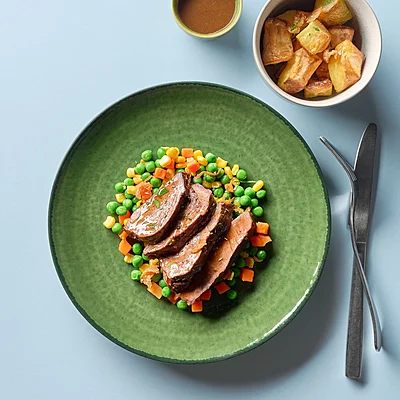 Tender Roast Beef With Gravy, Roasted Potatoes, Mixed Vegetables