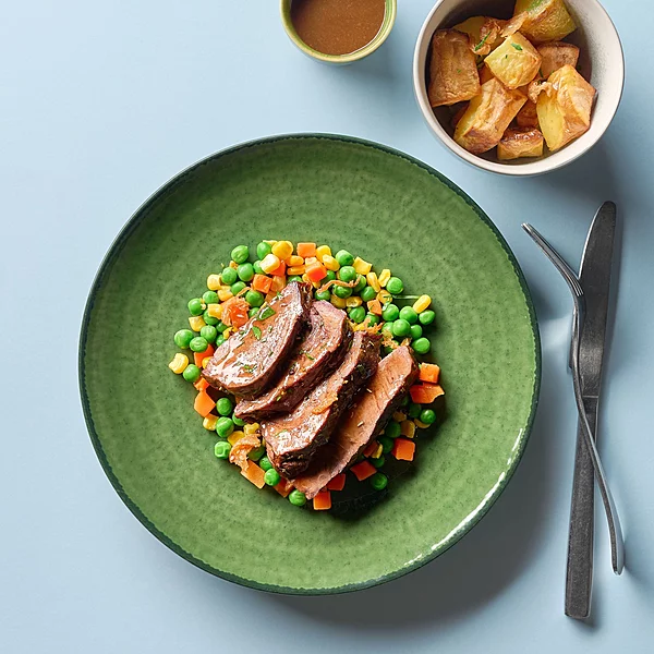 Tender Roast Beef With Gravy, Roasted Potatoes, Mixed Vegetables