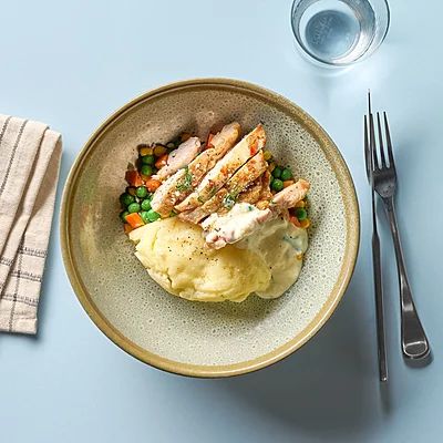 Grilled Chicken With Creamy Garlic Parmesan Sauce, Mashed Potato, Mixed Vegetables