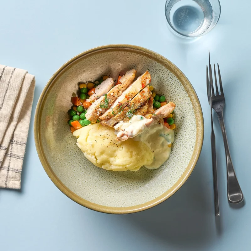 Grilled Chicken With Creamy Garlic Parmesan Sauce, Mashed Potato, Mixed Vegetables