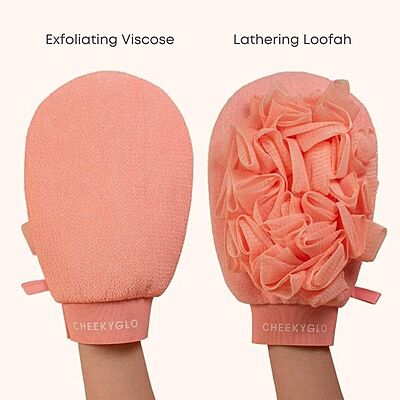 Using CHEEKYGLO exfoliating glove for smooth, glowing skin