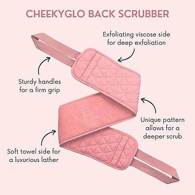 Using CHEEKYGLO back scrubber to exfoliate and clean hard-to-reach back areas