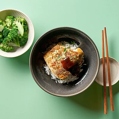 Vietnamese Stew Fish Ca Kho, Rice, Broccoli