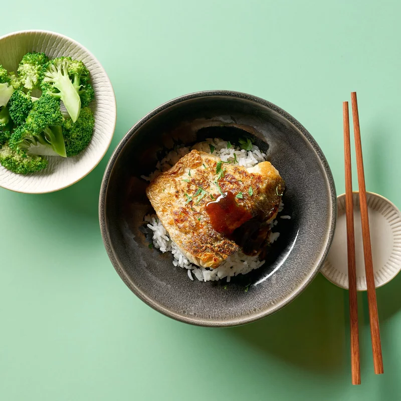 Vietnamese Stew Fish Ca Kho, Rice, Broccoli
