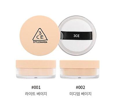 3CE natural finish loose powder swatch showing matte, smooth texture