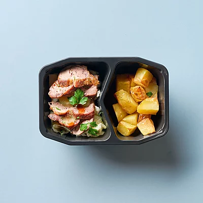 Roast Pork With Apple Sauce, Gravy, Roasted Potatoes, Cabbage
