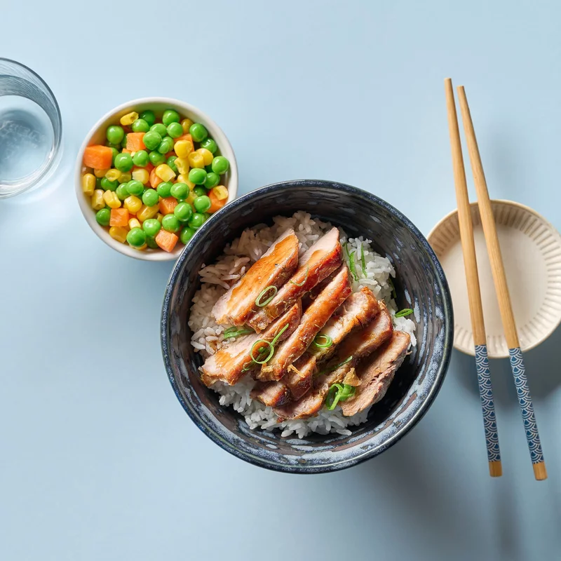 Vietnamese Char Siu Pork With Rice, Mixed Vegetables