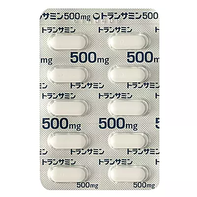 Transamin 500mg box and blister pack – Japanese tranexamic acid supplement for melasma treatment.