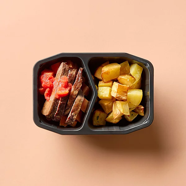 Tender Roasted Beef With Tomato Sauce, Roasted Potato, Mixed Vegetables (Blended/Minced)