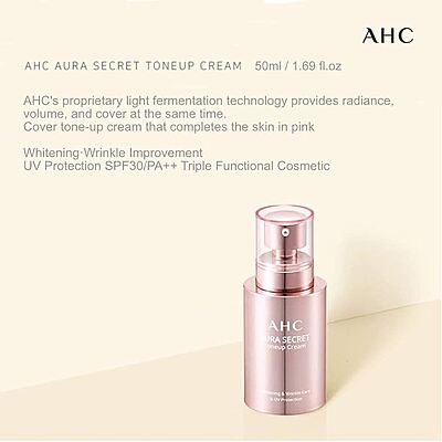 Swatch of AHC Aura Secret Tone Up Cream showing natural glow and texture