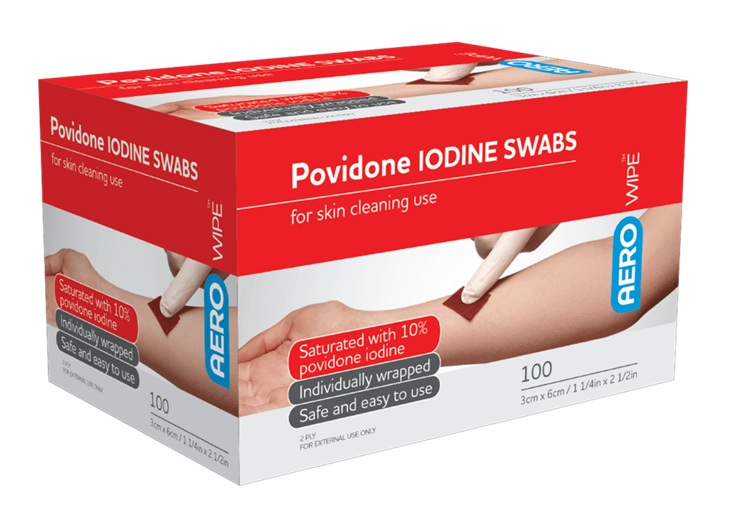 AeroWipe 10% Povidone Iodine Swabs 60x33mm Box of 100