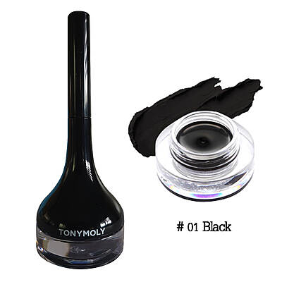 Open jar of TONY MOLY gel eyeliner showing rich black formula