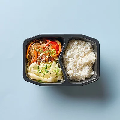 Korean Japchae – Stir-Fried Glass Noodles With Beef, Vegetables, Rice, Cabbage