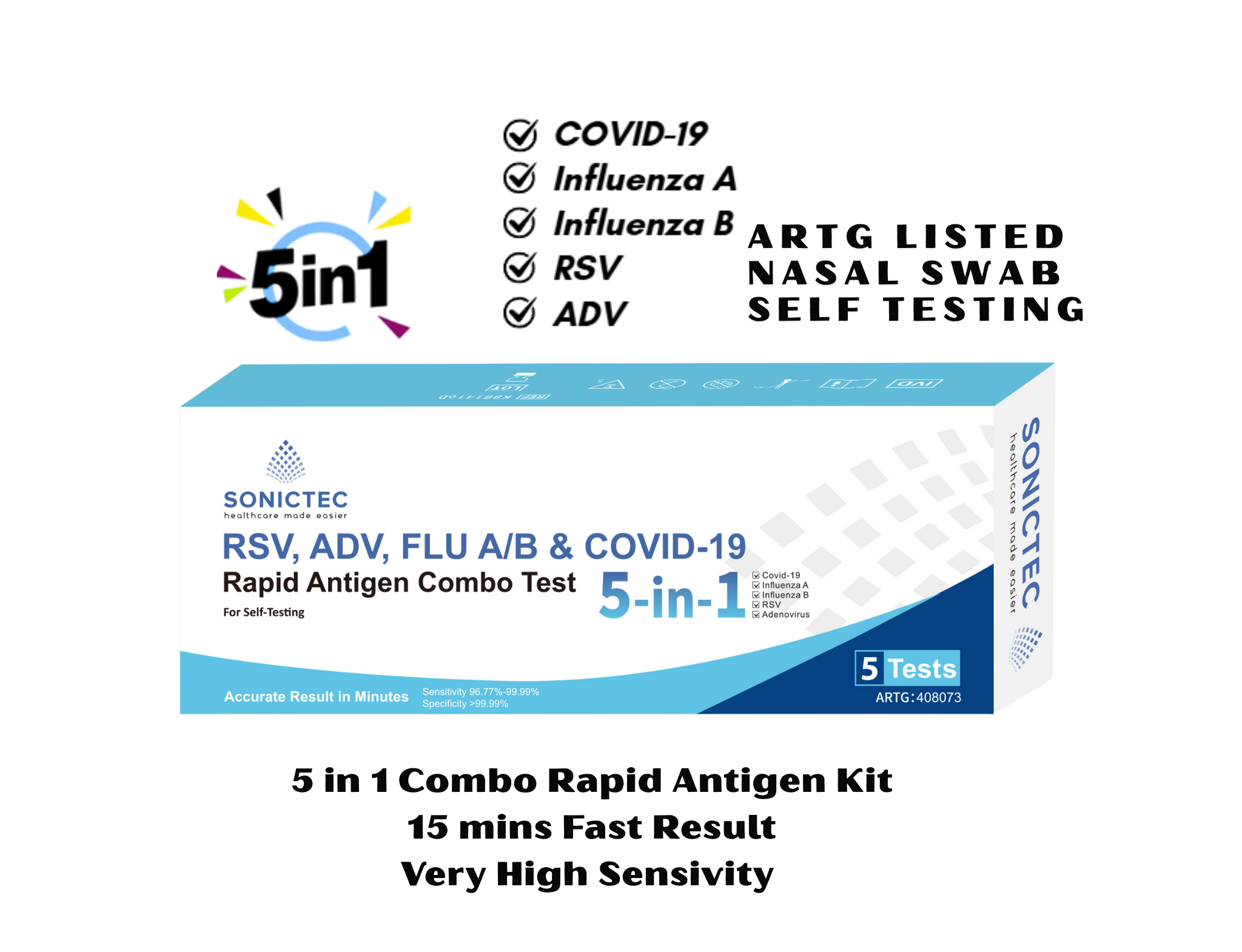 Sonictec 5 in 1 RSV, ADV, FLU A/B & COVID-19 Self-Test Kit 5 tests