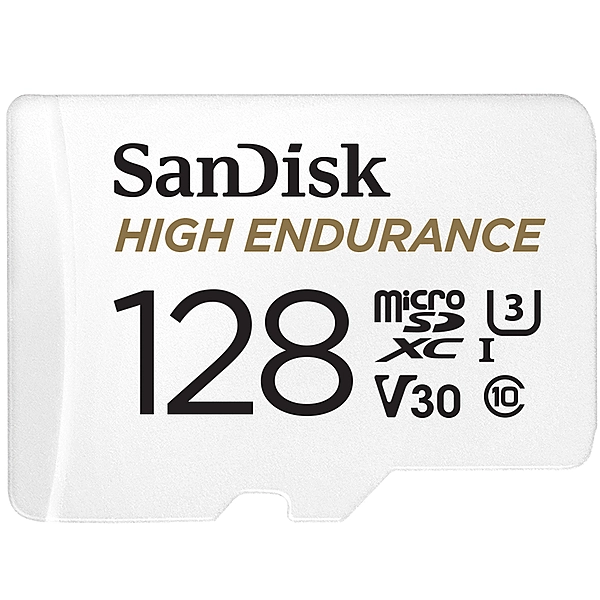 SanDisk High Endurance 128GB microSD 100MB/s 40MB/s 10K hrs 4K UHD C10 U3 V30 -40°C to 85°C Heat Freeze Shock Temperature Water X-ray Proof SD Adapter