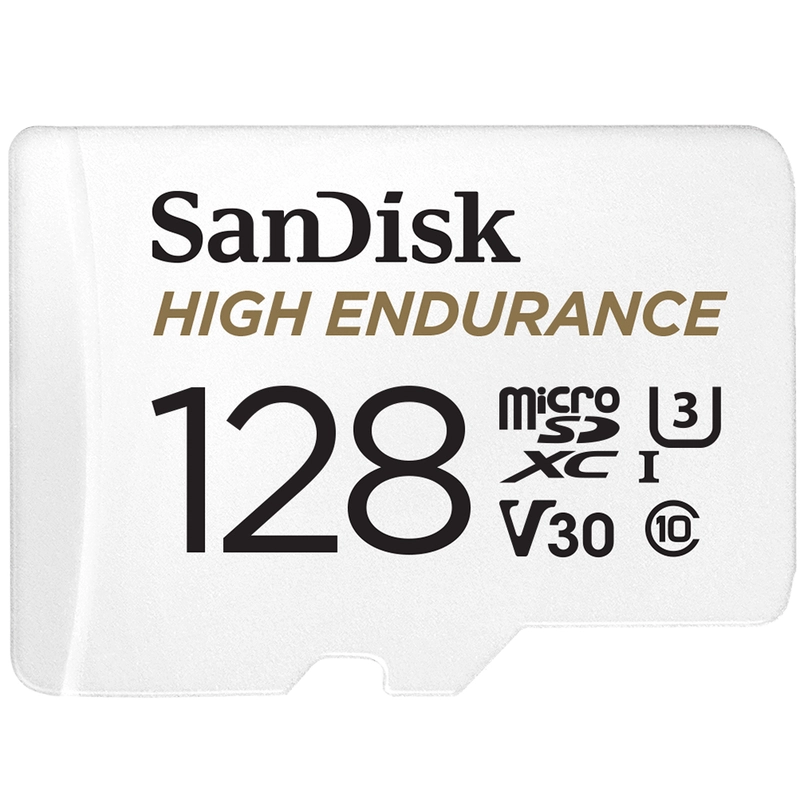 SanDisk High Endurance 128GB microSD 100MB/s 40MB/s 10K hrs 4K UHD C10 U3 V30 -40°C to 85°C Heat Freeze Shock Temperature Water X-ray Proof SD Adapter