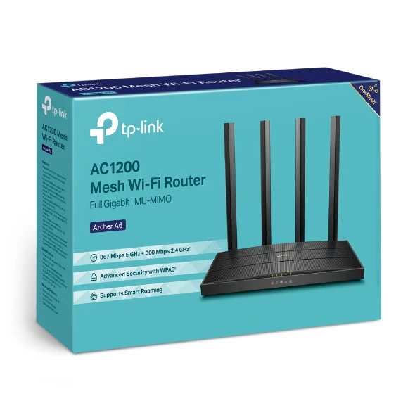 TP-Link Archer A6 AC1200 Wireless MU-Mimo Gigabit Router (OneMesh) Dual-Band Wi-Fi "" 867 Mbps at 5 GHz and 300 Mbps at 2.4 GHz band