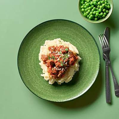 Hearty Beef Casserole, Creamy Mashed Potato, Peas