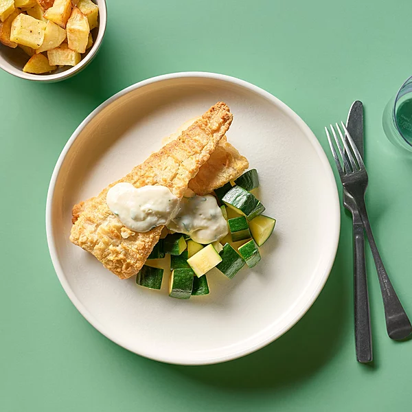 Battered Fish With Creamy Dill, Mustard Sauce, Roasted Potatoes, Zucchini