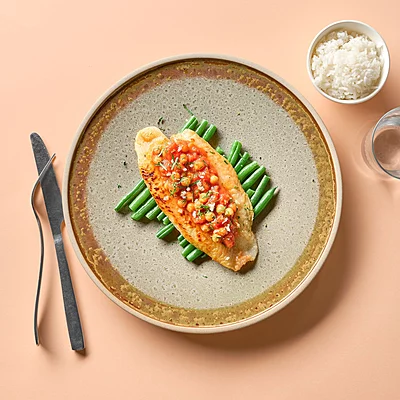 Indian Roasted Curry Fish With Spiced Chickpeas, Rice, Green Beans