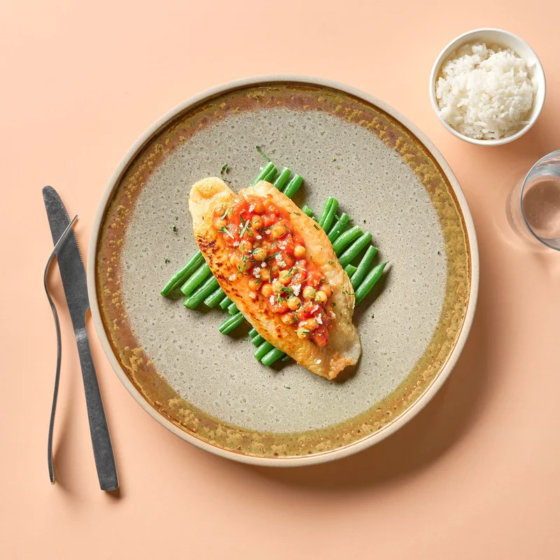 Indian Roasted Curry Fish With Spiced Chickpeas, Rice, Green Beans