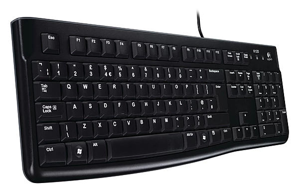 Logitech K120 Wired Keyboard Quiet typing Spill-resistant Durable keys Thin profile Curved space bar Adjustable tilt legs