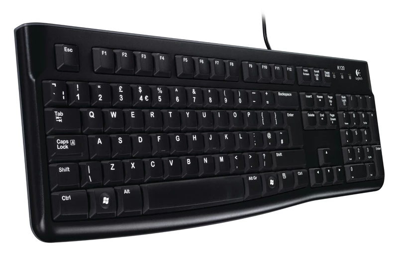 Logitech K120 Wired Keyboard Quiet typing Spill-resistant Durable keys Thin profile Curved space bar Adjustable tilt legs