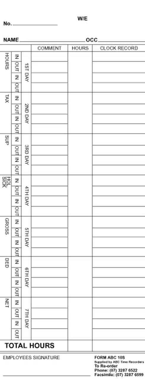 TLM 10S Weekly Time Card