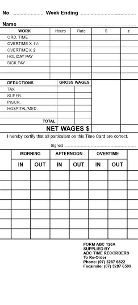 TLM 120A Weekly Time Card