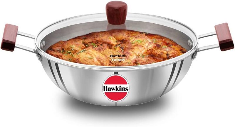 Hawkins 5 Litre Deep Kadhai, Triply Stainless Steel Kadai with Glass Lid, Flat Bottom Induction Deep Kadhai, Big Kadai, Silver (SSK50G)