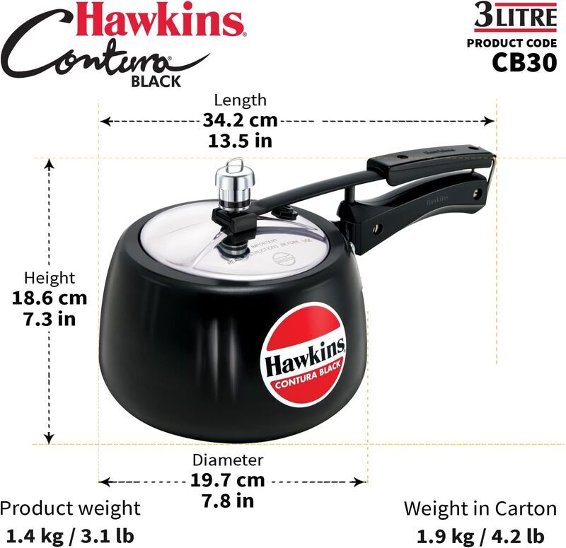 Hawkins Contura Hard Anodized Pressure Cooker 3 Litres - Black - CB30