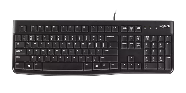Logitech K120 Wired Keyboard Quiet typing Spill-resistant Durable keys Thin profile Curved space bar Adjustable tilt legs