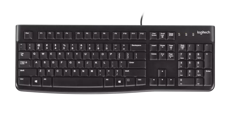Logitech K120 Wired Keyboard Quiet typing Spill-resistant Durable keys Thin profile Curved space bar Adjustable tilt legs