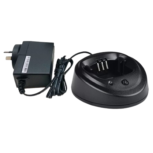 Front view of Motorola PMLN5190B charger with AU plug for two-way radios.