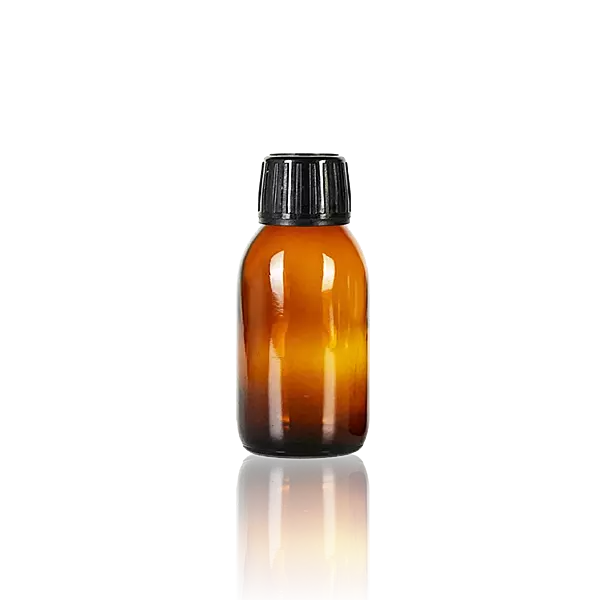 Syrup 100ml Amber Glass Bottle with Black Tamper Cap - half tray