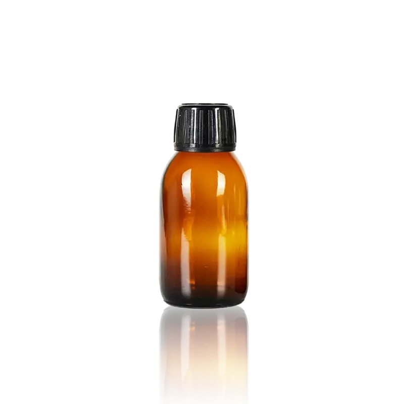 Syrup 100ml Amber Glass Bottle with Black Tamper Cap - half tray
