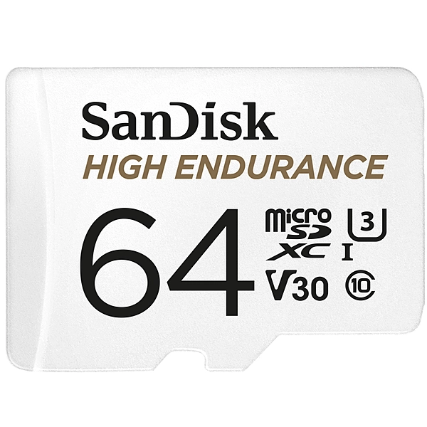 SanDisk High Endurance 64GB microSD 100MB/s 40MB/s 5K hrs 4K UHD C10 U3 V30 -40°C to 85°C Heat Freeze Shock Temperature Water X-ray Proof SD Adapter