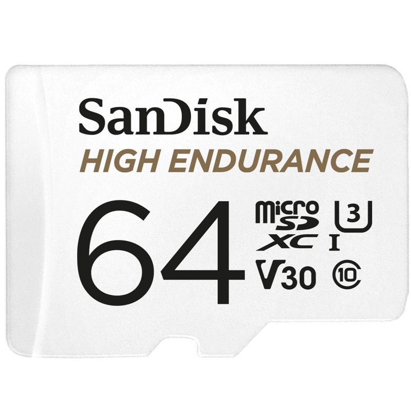 SanDisk High Endurance 64GB microSD 100MB/s 40MB/s 5K hrs 4K UHD C10 U3 V30 -40°C to 85°C Heat Freeze Shock Temperature Water X-ray Proof SD Adapter