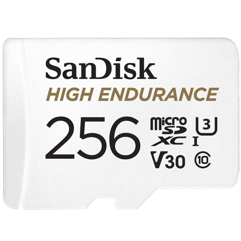 SanDisk High Endurance 256GB microSD 100MB/s 40MB/s 20K hrs 4K UHD C10 U3 V30 -40°C to 85°C Heat Freeze Shock Temperature Water X-ray Proof SD Adapter