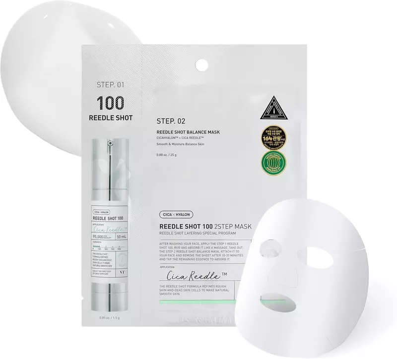 VT REEDLE SHOT 100 2 STEP MASK. Step 1 ampoule and Step 2 sheet mask – mild skin renewal duo